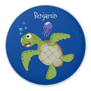 Cute grönt Sea turtle lycklig tecknad illustration Knopp