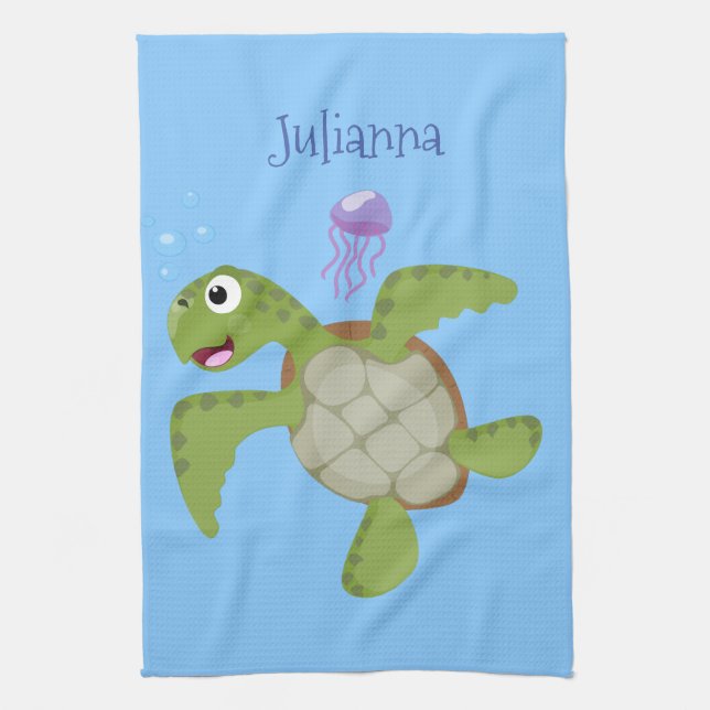 Cute grönt Sea turtle lycklig tecknad illustration Kökshandduk (Vertikal)