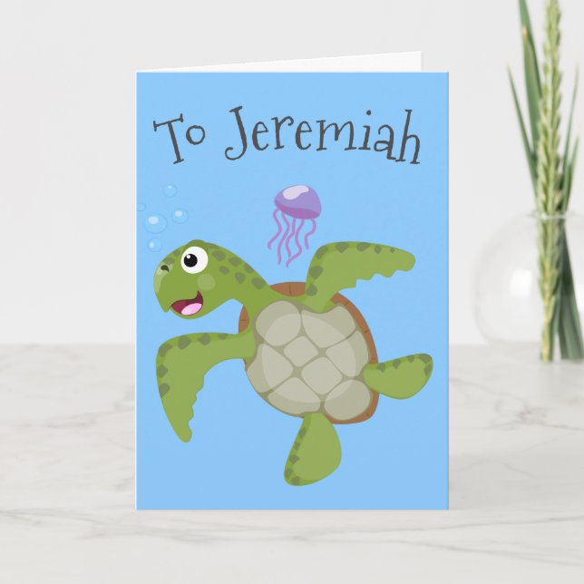Cute grönt Sea turtle lycklig tecknad illustration Kort (Framsida)
