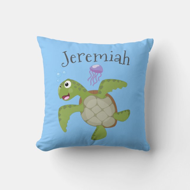 Cute grönt Sea turtle lycklig tecknad illustration Kudde (Framsida)