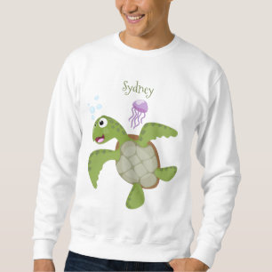 Cute grönt Sea turtle lycklig tecknad illustration Lång Ärmad Tröja