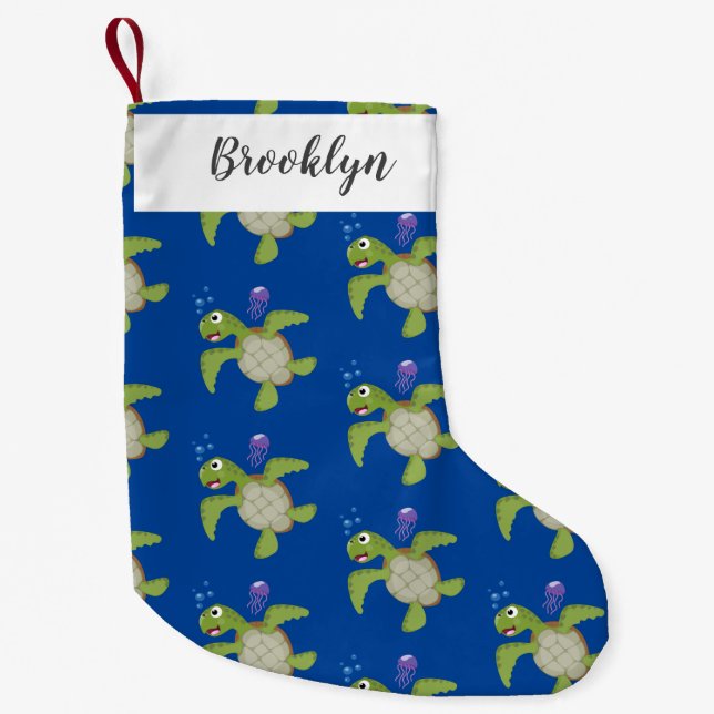 Cute grönt Sea turtle lycklig tecknad illustration Liten Julstrumpa (Framsidan)