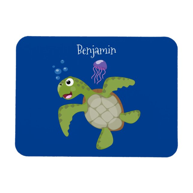 Cute grönt Sea turtle lycklig tecknad illustration Magnet (Horisontell)