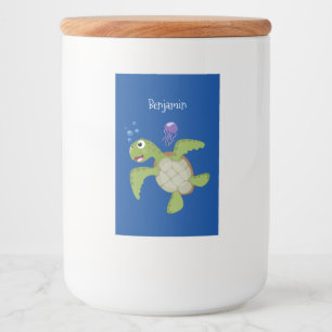 Cute grönt Sea turtle lycklig tecknad illustration Mat Etikett