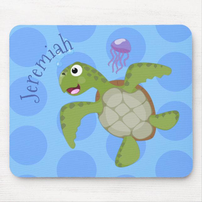 Cute grönt Sea turtle lycklig tecknad illustration Musmatta (Framsidan)