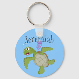 Cute grönt Sea turtle lycklig tecknad illustration Nyckelring