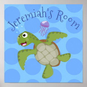 Cute grönt Sea turtle lycklig tecknad illustration Poster