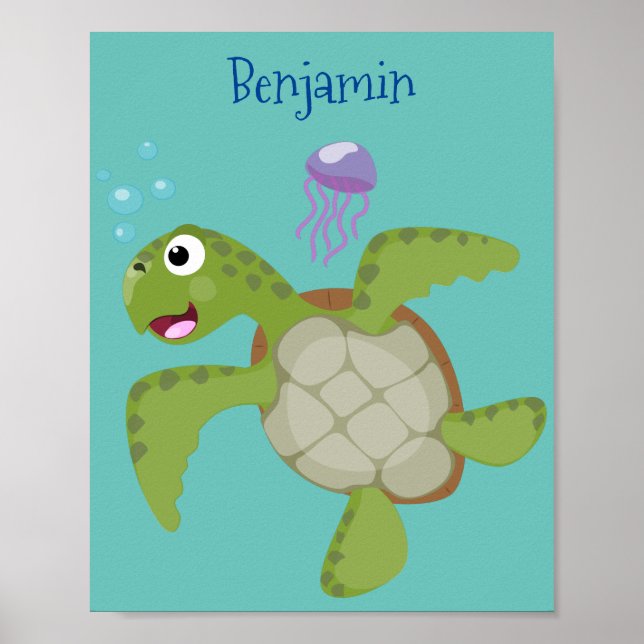Cute grönt Sea turtle lycklig tecknad illustration Poster (Framsidan)