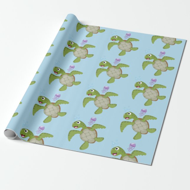 Cute grönt Sea turtle lycklig tecknad illustration Presentpapper (Utrullad)