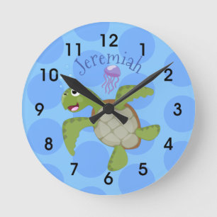 Cute grönt Sea turtle lycklig tecknad illustration Rund Klocka