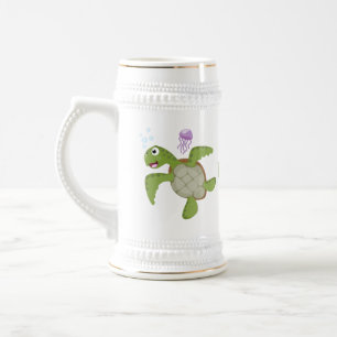 Cute grönt Sea turtle lycklig tecknad illustration Sejdel