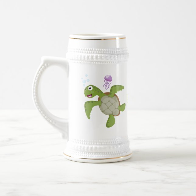 Cute grönt Sea turtle lycklig tecknad illustration Sejdel (Vänster)