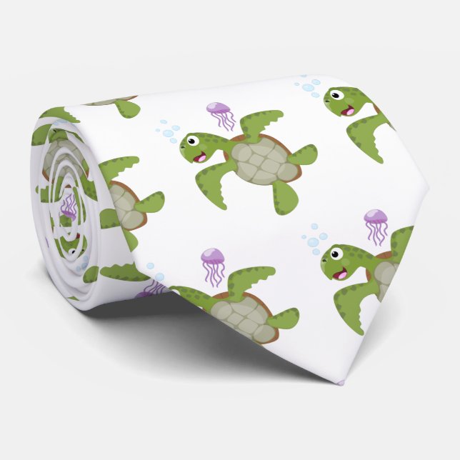 Cute grönt Sea turtle lycklig tecknad illustration Slips (Rullad)