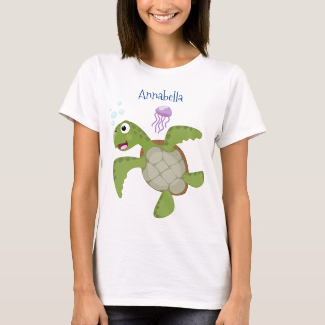 Cute grönt Sea turtle lycklig tecknad illustration T Shirt (Framsida)
