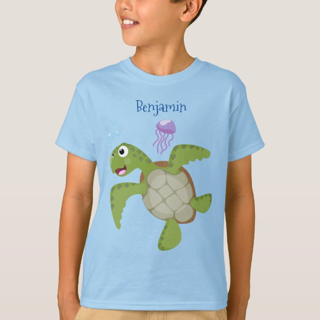Cute grönt Sea turtle lycklig tecknad illustration T Shirt (Framsida)