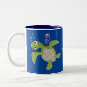 Cute grönt Sea turtle lycklig tecknad illustration Två-Tonad Mugg