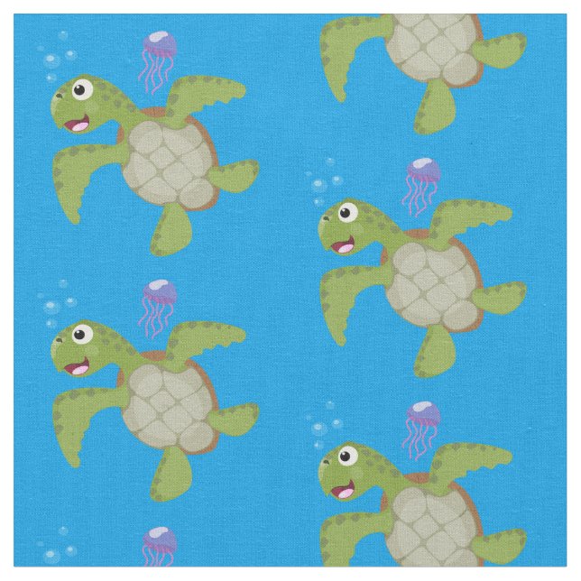 Cute grönt Sea turtle lycklig tecknad illustration Tyg (Närbild)