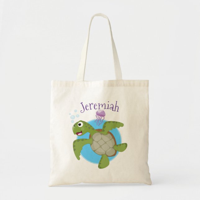 Cute grönt Sea turtle lycklig tecknad illustration Tygkasse (Framsidan)