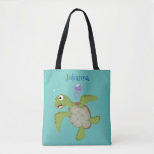 Cute grönt Sea turtle lycklig tecknad illustration Tygkasse