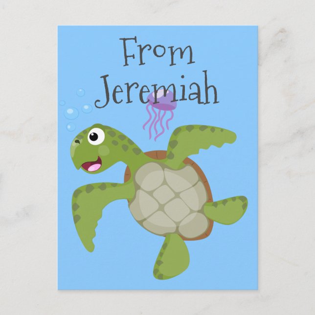 Cute grönt Sea turtle lycklig tecknad illustration Vykort (Framsida)