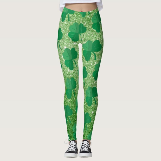 Cute Grönt Shamrock St patricks day Irish Glitter Leggings (Framsida)