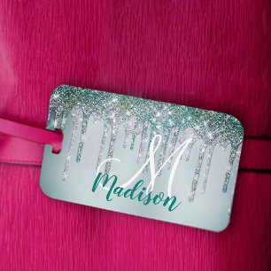 Cute Grönt silver Unicorn Glitter Drives monogram Bagagebricka