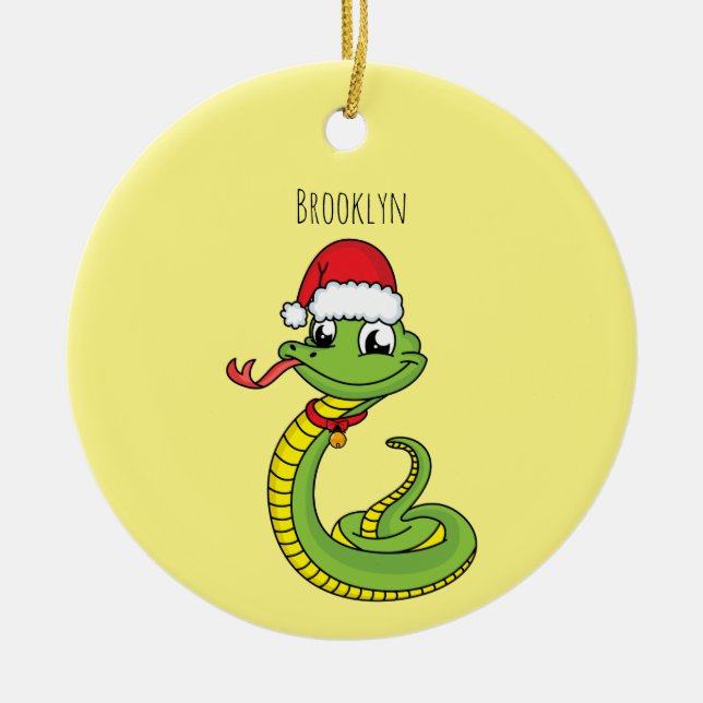 Cute grönt snake med Santa tecknad Julgransprydnad Keramik (Framsidan)