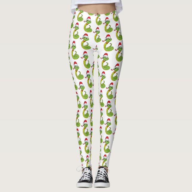 Cute grönt snake med Santa tecknad Leggings (Framsida)