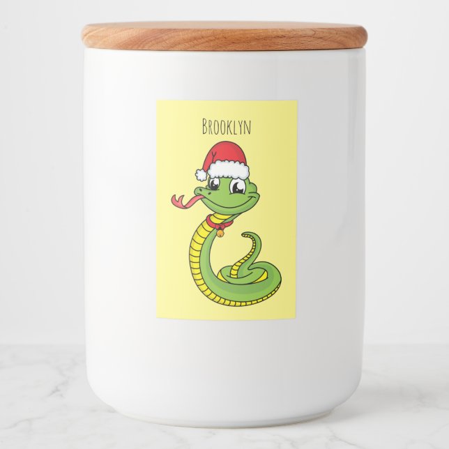 Cute grönt snake med Santa tecknad Mat Etikett (Framsida)