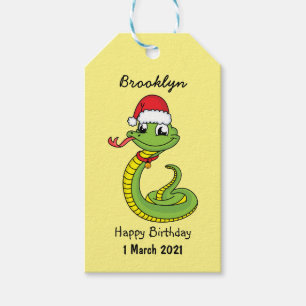 Cute grönt snake med Santa tecknad Presentetikett