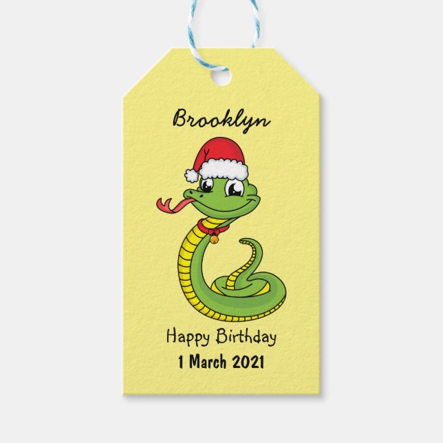 Cute grönt snake med Santa tecknad Presentetikett (Framsidan)