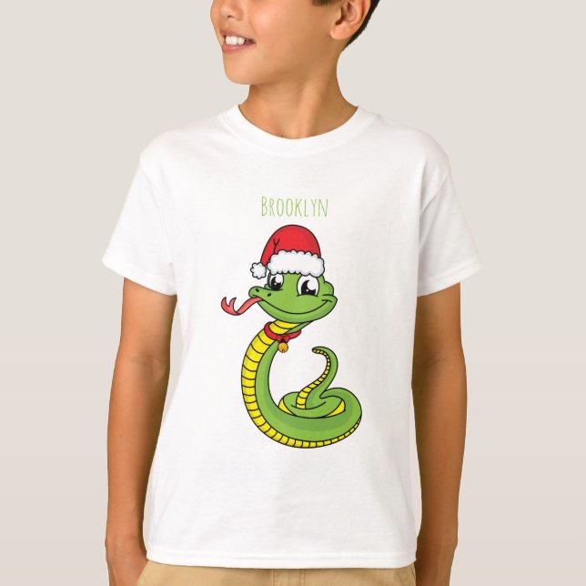 Cute grönt snake med Santa tecknad T Shirt (Framsida)