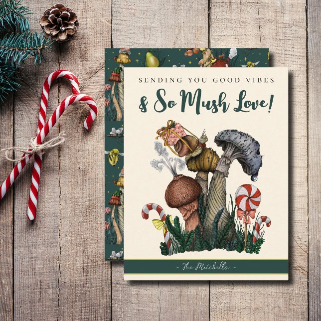 Cute Grönt Snigel Svampar God Vibes Jul Julkort (So Mush Love Mushroom Christmas Cards)