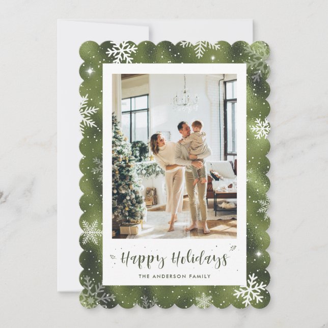 Cute Grönt Snowy Photo Helgdag Julkort (Framsida)