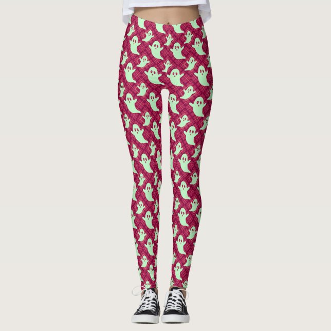 Cute Grönt Spöken på Red Play Leggings (Framsida)