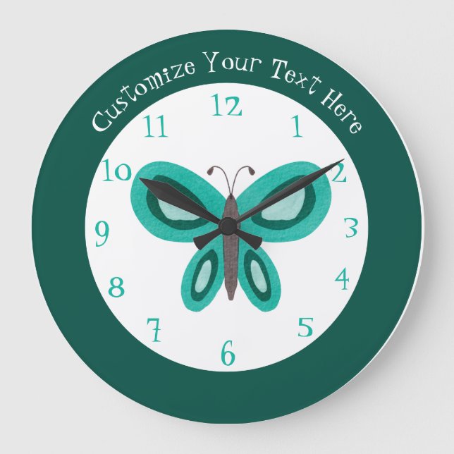 Cute Grönt Teal Butterfly Personlig Large Clock Stor Klocka (Framsida)