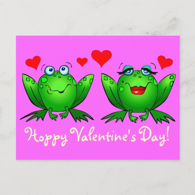 Cute Grönt Tecknad Frogs Hoppy Valentines day Rosa Helg Vykort (Framsida)