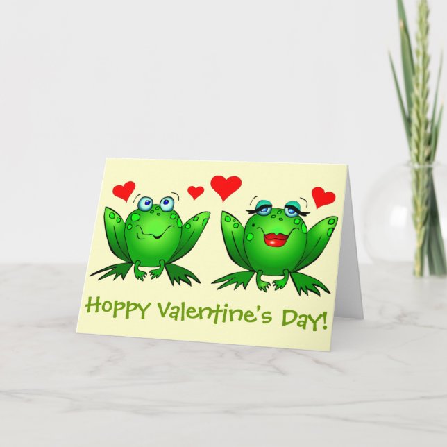 Cute Grönt Tecknad Frogs Hoppy Valentiness Helgkort (Framsida)