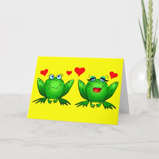 Cute Grönt Tecknad Frogs Kärlek Hearts Gult Tom Kort (Framsida)