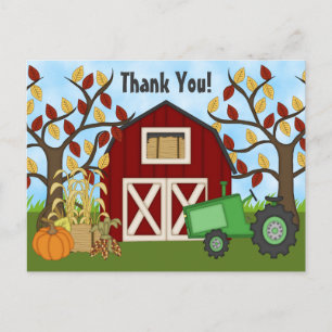 Cute Grönt Tractor and Barn Autumn Farm Tack Vykort