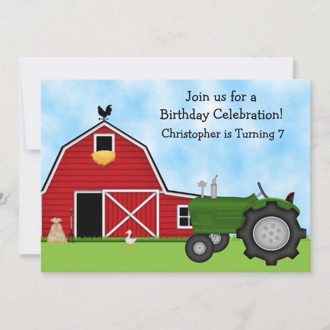 Cute Grönt Tractor and Red Barn Boys Farm Birthday Inbjudningar (Framsida)