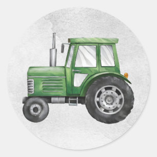 Cute Grönt Tractor Farm Watercolor Kids Runt Klistermärke