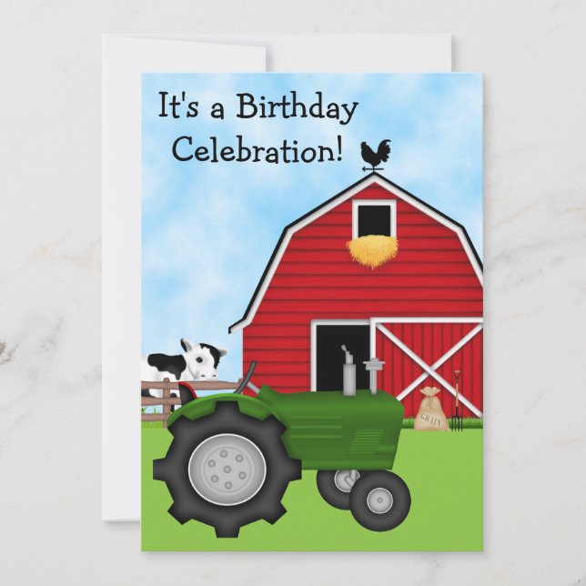 Cute Grönt Tractor, Red Barn and Cow Farm Birthday Inbjudningar (Framsida)