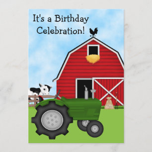 Cute Grönt Tractor, Red Barn and Cow Farm Birthday Inbjudningar