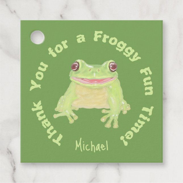 Cute Grönt Träd Frog - barns födelsedag Tack. Gåvor Etiketter (Framsida)