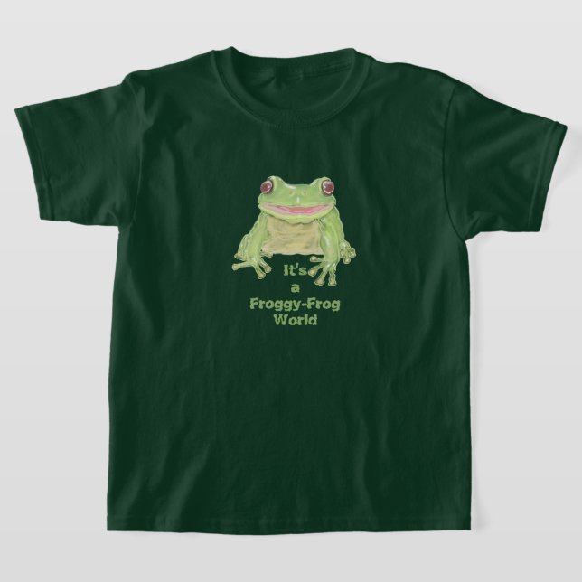 Cute Grönt Träd Frog - Froggy-Frog World text. T Shirt (Laydown)