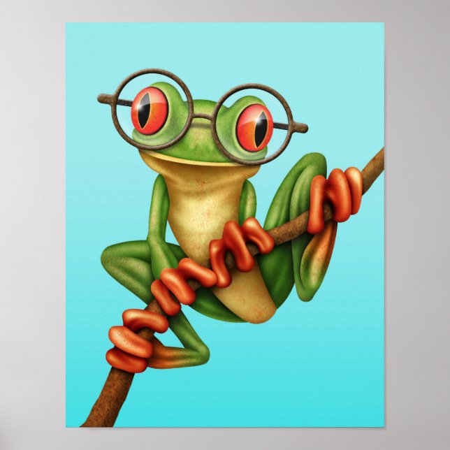 Cute Grönt Träd Frog med Öga-glasögon på blått Poster (Framsidan)