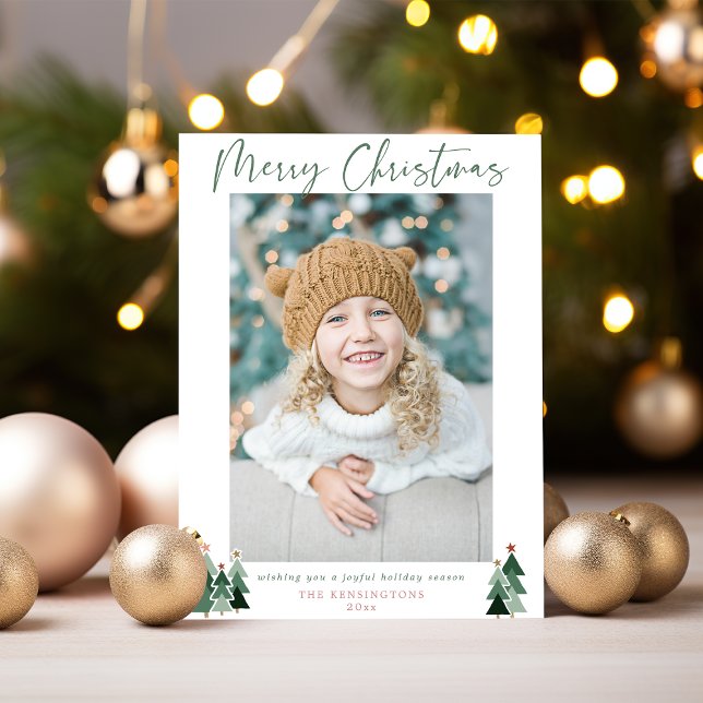 Cute Grönt Träd - minimalistiskt modernt julfoto Julkort (Cute Green Trees Minimalist Modern Christmas Photo Holiday Card)