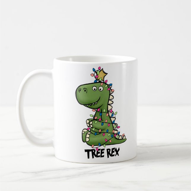 Cute Grönt Träd Rex Dino God jul Kaffemugg (Vänster)