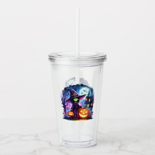 Cute Grönt Witch Halloween Acrylic Tumbler Take Away Mugg (Framsida)